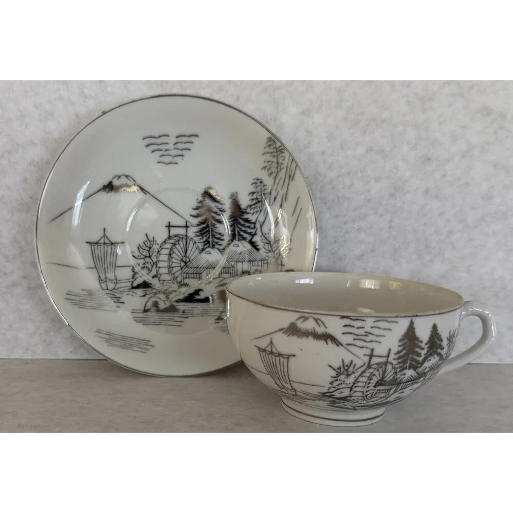 Kutani Lithophane Cup and Saucer Set,Silver Gilt Geisha Girl